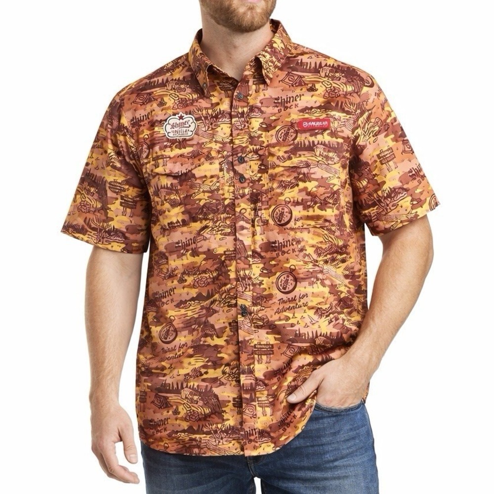 MAGELLAN OUTDOORS SHINER BOCK Button Shirt sz S Fishing Beer Texas Outdoors Camp